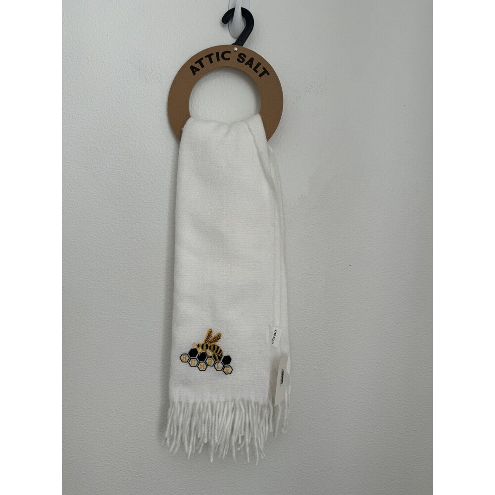 ATTIC SALT “bee Humble” Embroidered Winter Scarf Fringe White Soft New Gift